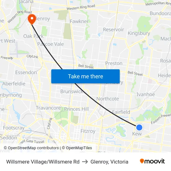 Willsmere Village/Willsmere Rd to Glenroy, Victoria map