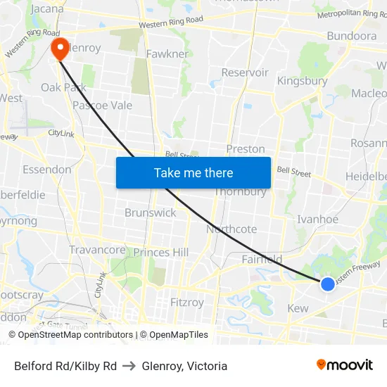 Belford Rd/Kilby Rd to Glenroy, Victoria map
