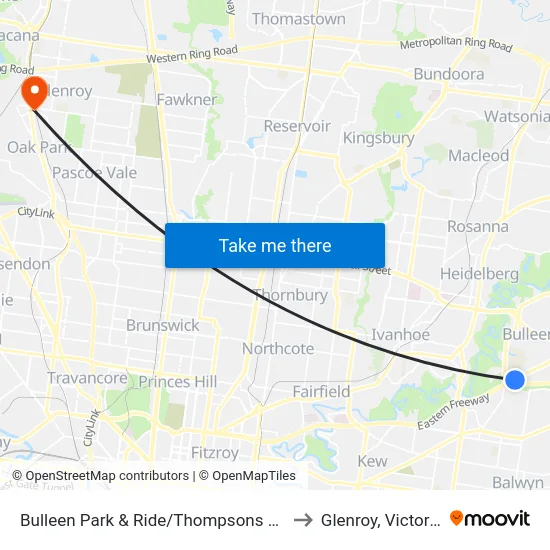 Bulleen Park & Ride/Thompsons Rd to Glenroy, Victoria map