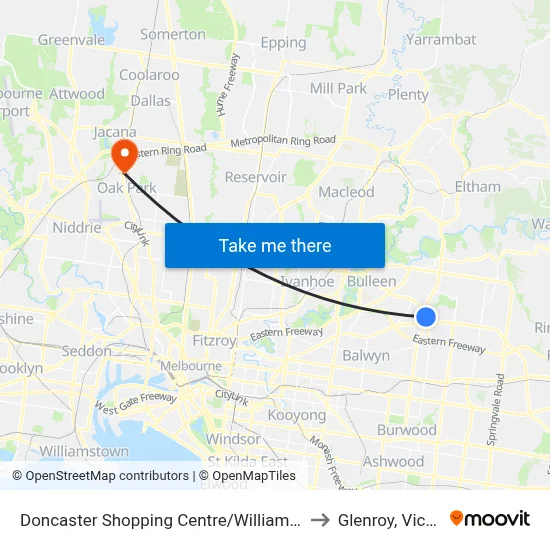 Doncaster Shopping Centre/Williamsons Rd to Glenroy, Victoria map