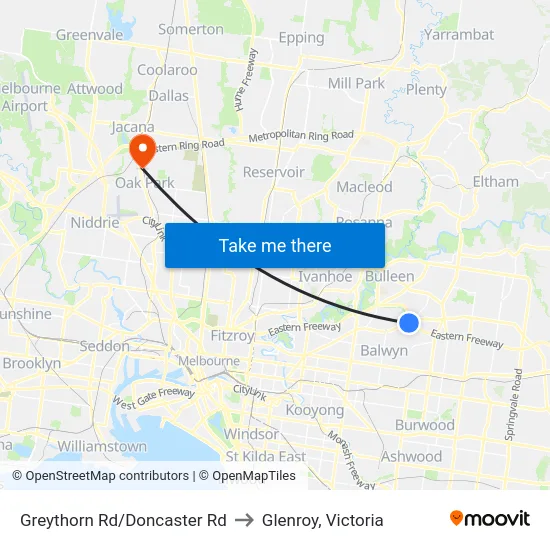 Greythorn Rd/Doncaster Rd to Glenroy, Victoria map