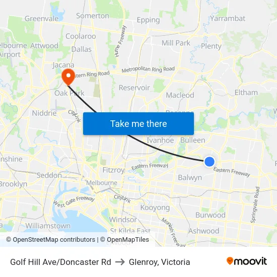 Golf Hill Ave/Doncaster Rd to Glenroy, Victoria map