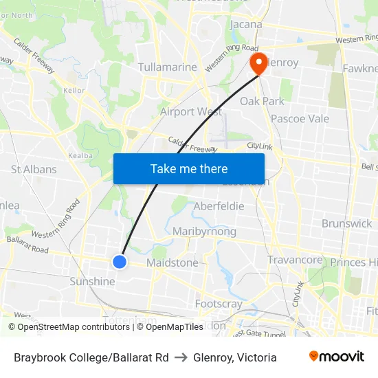 Braybrook College/Ballarat Rd to Glenroy, Victoria map
