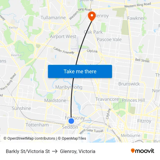 Barkly St/Victoria St to Glenroy, Victoria map