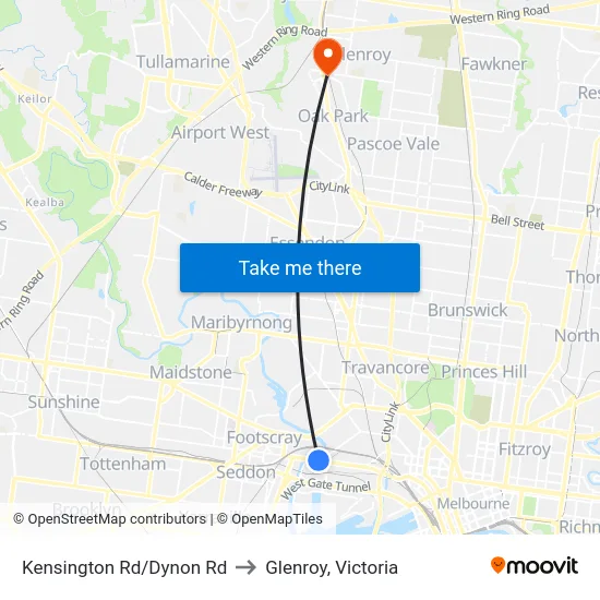 Kensington Rd/Dynon Rd to Glenroy, Victoria map