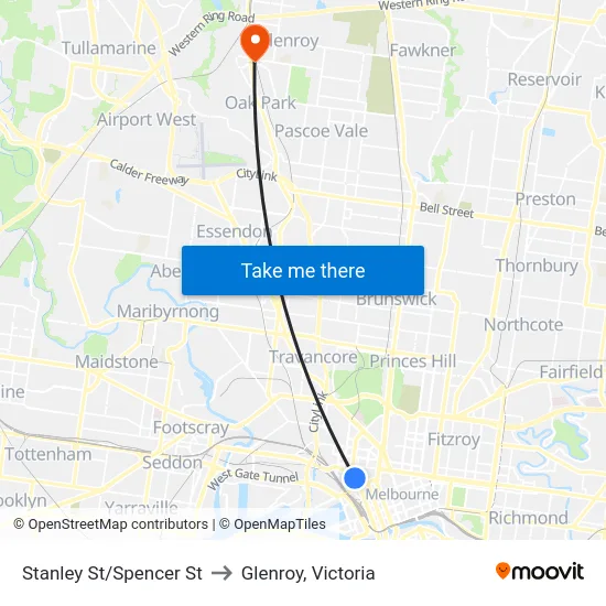 Stanley St/Spencer St to Glenroy, Victoria map
