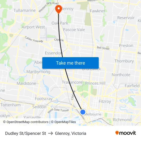 Dudley St/Spencer St to Glenroy, Victoria map