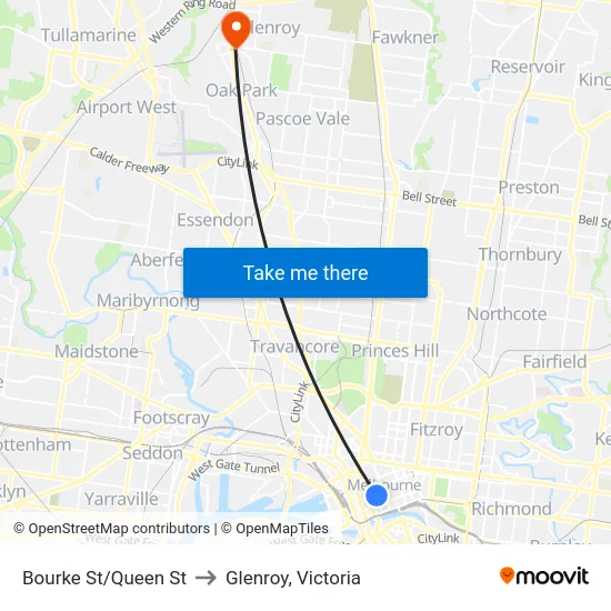 Bourke St/Queen St to Glenroy, Victoria map