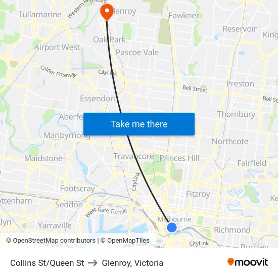 Collins St/Queen St to Glenroy, Victoria map