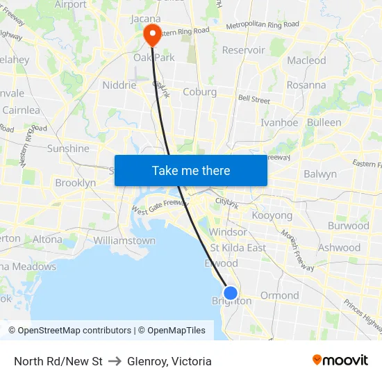 North Rd/New St to Glenroy, Victoria map