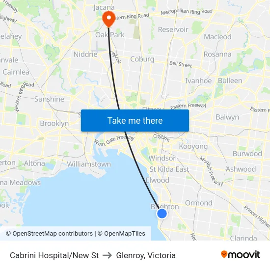 Cabrini Hospital/New St to Glenroy, Victoria map