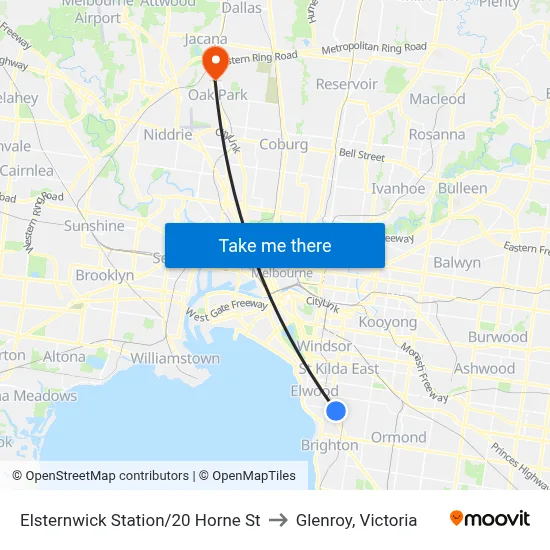 Elsternwick Station/20 Horne St to Glenroy, Victoria map