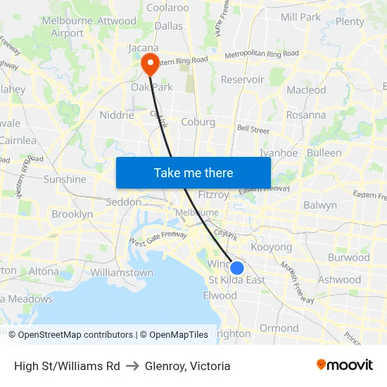 High St/Williams Rd to Glenroy, Victoria map