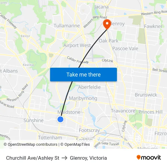 Churchill Ave/Ashley St to Glenroy, Victoria map