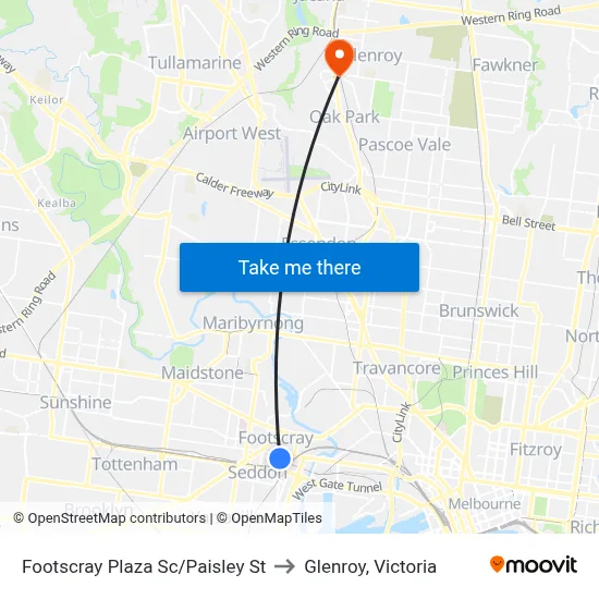 Footscray Plaza Sc/Paisley St to Glenroy, Victoria map