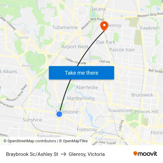 Braybrook Sc/Ashley St to Glenroy, Victoria map