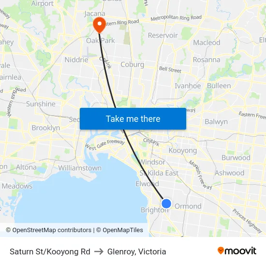 Saturn St/Kooyong Rd to Glenroy, Victoria map