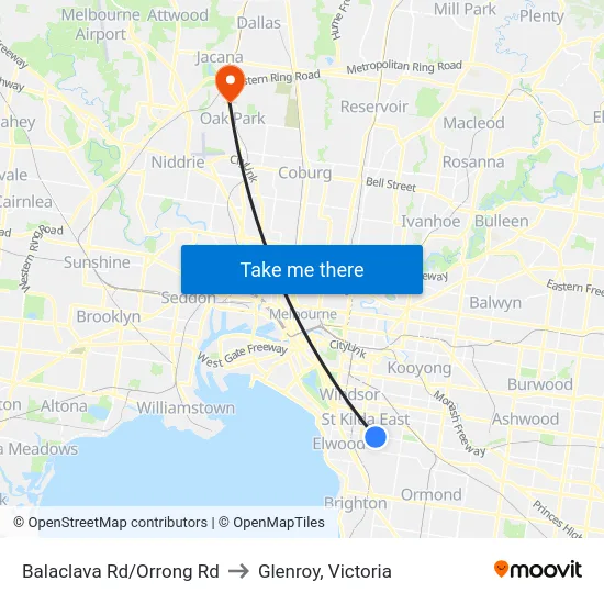 Balaclava Rd/Orrong Rd to Glenroy, Victoria map