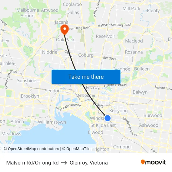 Malvern Rd/Orrong Rd to Glenroy, Victoria map