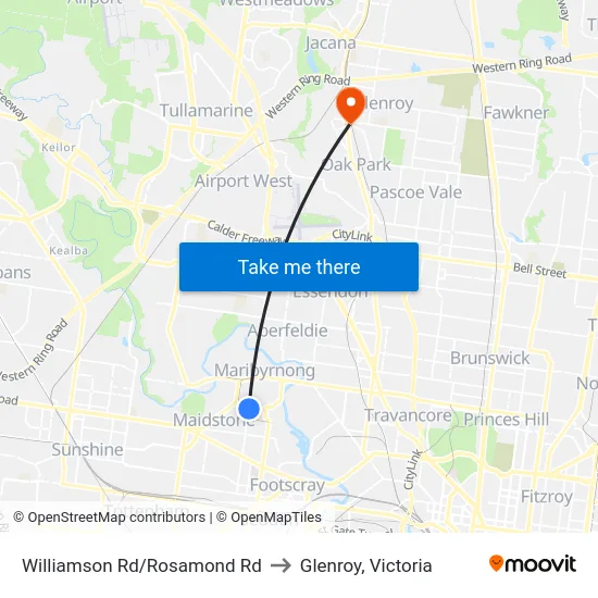 Williamson Rd/Rosamond Rd to Glenroy, Victoria map