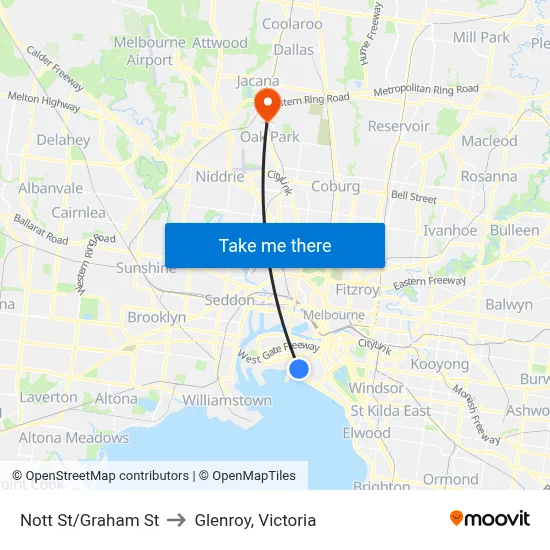 Nott St/Graham St to Glenroy, Victoria map