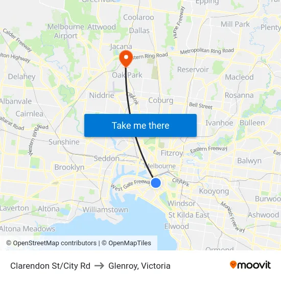 Clarendon St/City Rd to Glenroy, Victoria map