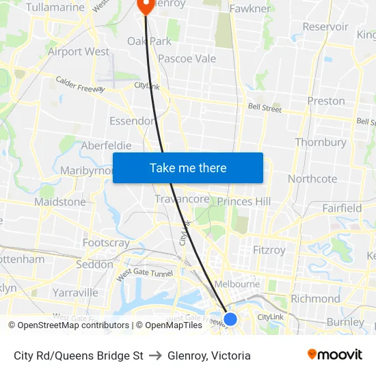 City Rd/Queens Bridge St to Glenroy, Victoria map