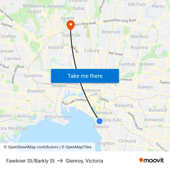Fawkner St/Barkly St to Glenroy, Victoria map