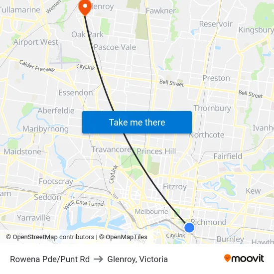 Rowena Pde/Punt Rd to Glenroy, Victoria map