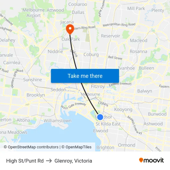 High St/Punt Rd to Glenroy, Victoria map