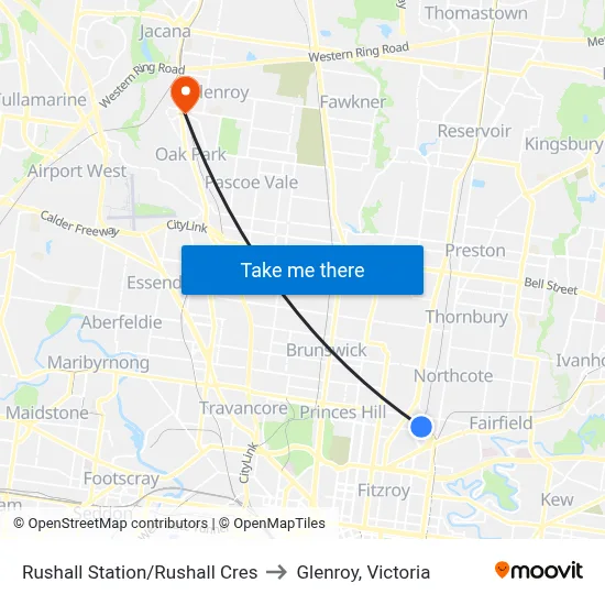 Rushall Station/Rushall Cres to Glenroy, Victoria map