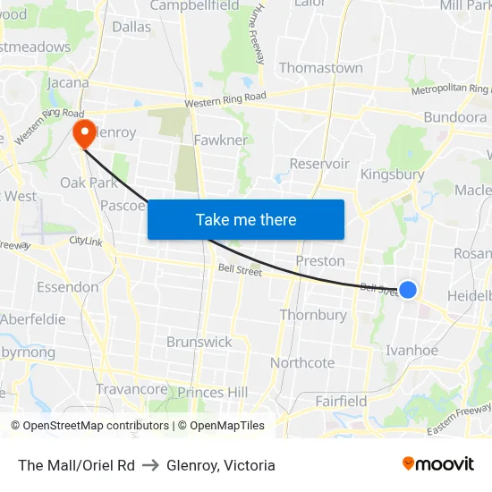 The Mall/Oriel Rd to Glenroy, Victoria map