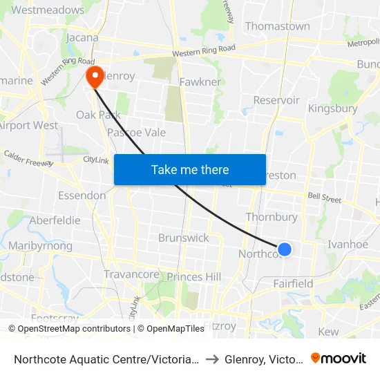 Northcote Aquatic Centre/Victoria Rd to Glenroy, Victoria map