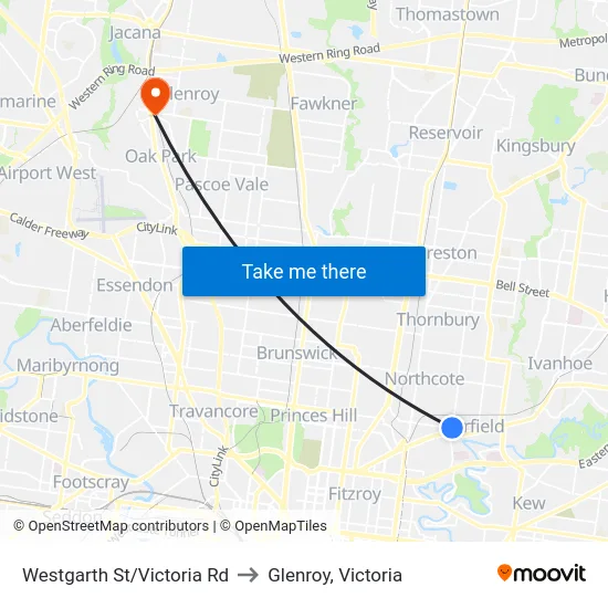 Westgarth St/Victoria Rd to Glenroy, Victoria map