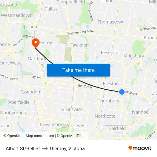 Albert St/Bell St to Glenroy, Victoria map