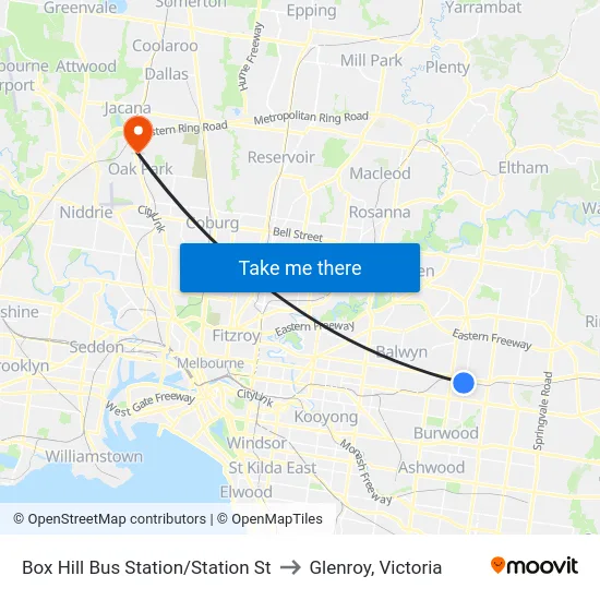 Box Hill Bus Station/Station St to Glenroy, Victoria map
