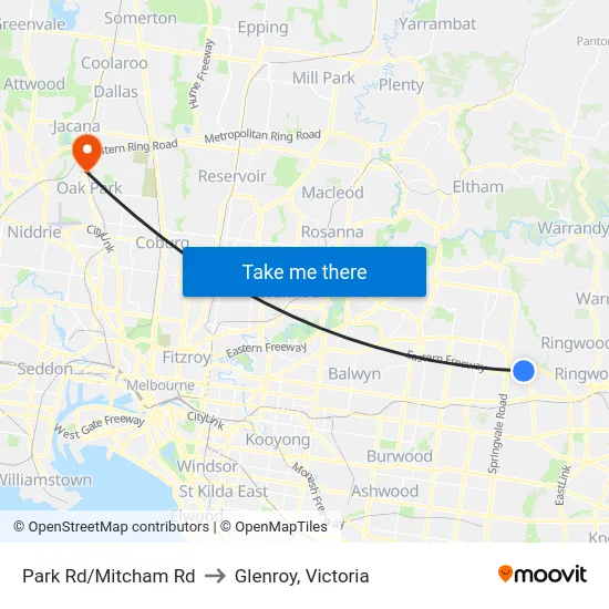 Park Rd/Mitcham Rd to Glenroy, Victoria map