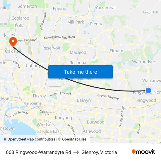 668 Ringwood-Warrandyte Rd to Glenroy, Victoria map