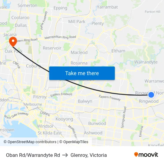 Oban Rd/Warrandyte Rd to Glenroy, Victoria map