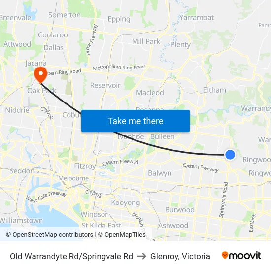 Old Warrandyte Rd/Springvale Rd to Glenroy, Victoria map