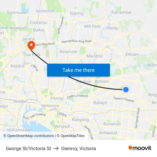 George St/Victoria St to Glenroy, Victoria map