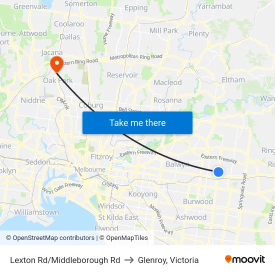 Lexton Rd/Middleborough Rd to Glenroy, Victoria map