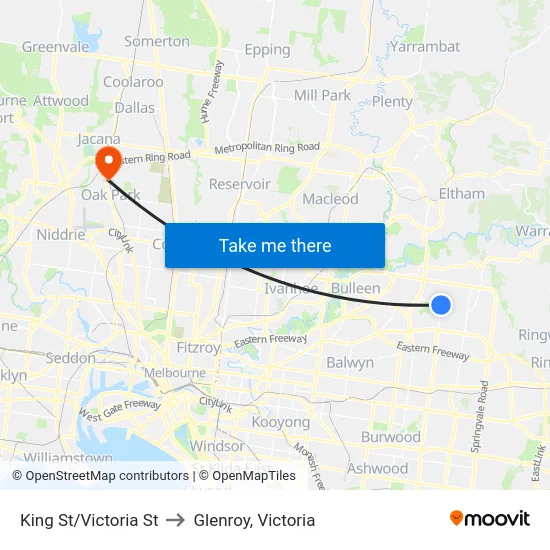 King St/Victoria St to Glenroy, Victoria map