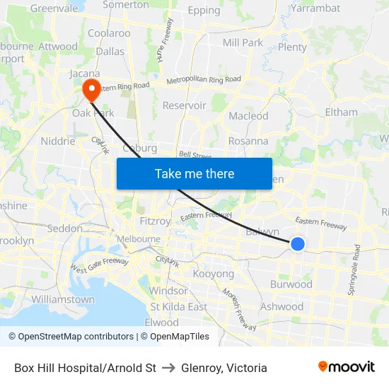 Box Hill Hospital/Arnold St to Glenroy, Victoria map
