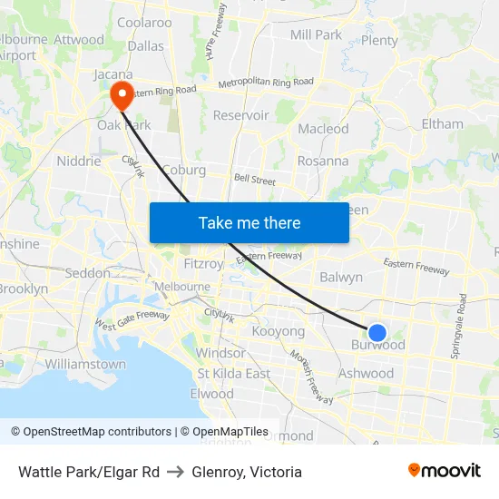 Wattle Park/Elgar Rd to Glenroy, Victoria map