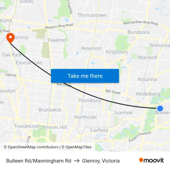 Bulleen Rd/Manningham Rd to Glenroy, Victoria map