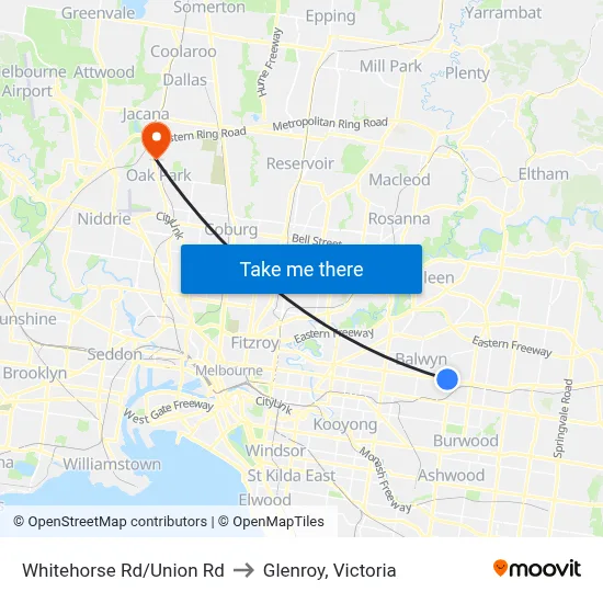 Whitehorse Rd/Union Rd to Glenroy, Victoria map