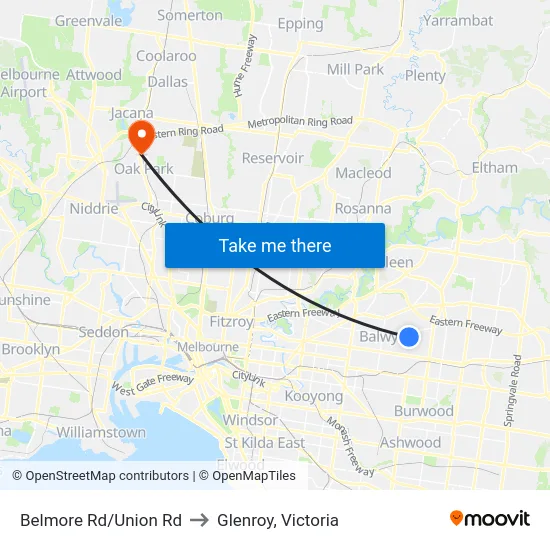Belmore Rd/Union Rd to Glenroy, Victoria map