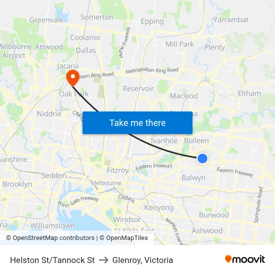 Helston St/Tannock St to Glenroy, Victoria map