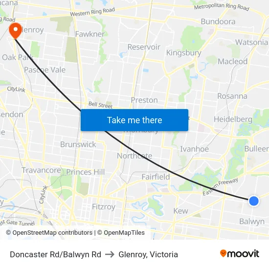 Doncaster Rd/Balwyn Rd to Glenroy, Victoria map